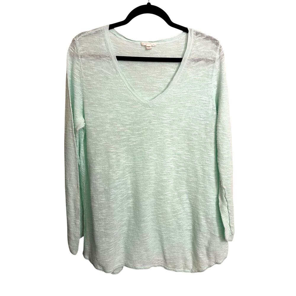 Eileen Fisher Sweater Womens L Mint Green Organic Cotton Linen Slub V-Neck Knit